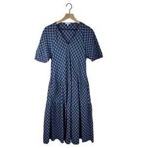Calme johnny was blue checkered short sleeve boho tiered midi dress m